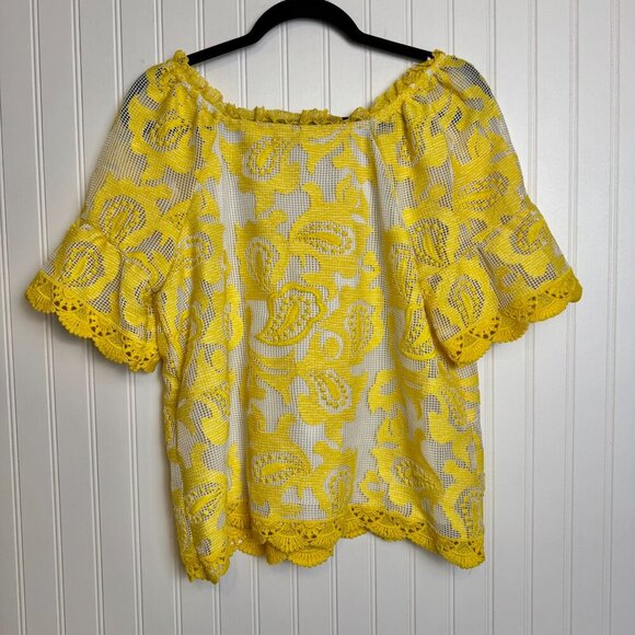 Charter Club yellow lace overlay off shoulder blouse size small I3 - Picture 8 of 9